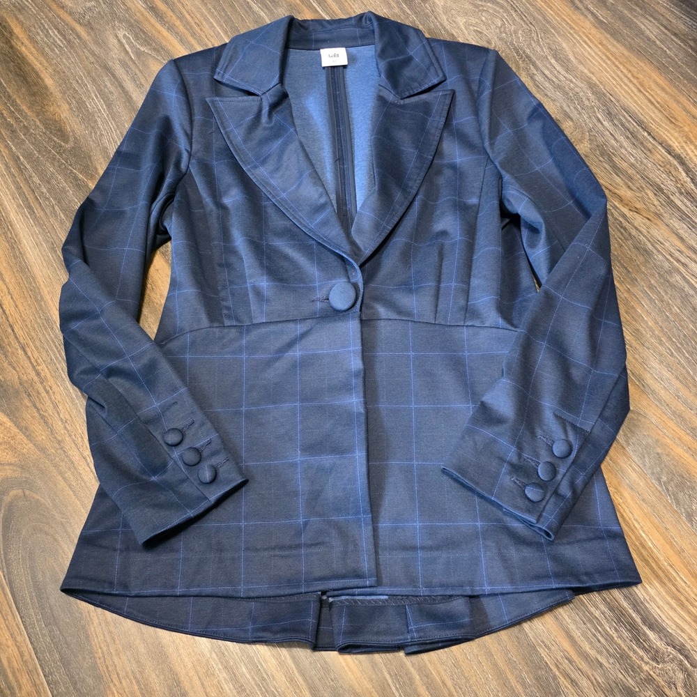 Cabi Navy Blue Windowpane Plaid Single Button Peplum Back Blazer Jacket Size 10